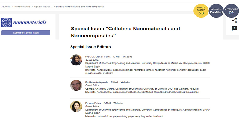 Las profesoras Elena de la Fuente y Ana Balea editoras invitadas en el Special Issue "Cellulose Nanomaterials and Nanocomposites" en la revista Nanomaterials